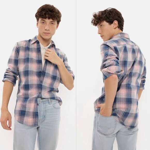 American Eagle Outfitters Other - American Eagle Everyday Plaid Button Up Shirt Mens Medium Blue Pink Long Sleeve